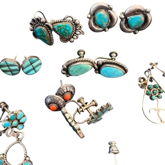 Lot Of 17 Earrings Southwest Vin Turquoise and Coral Opal Silver Earring Sets - Picture 6 of 7